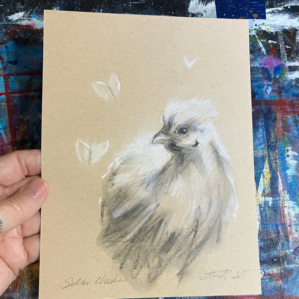 Original Silky chicken butterflies charcoal pastel painting handmade art USA